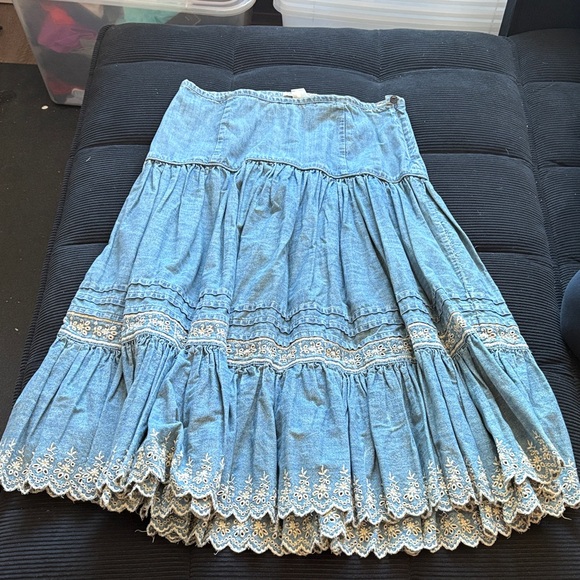 Polo by Ralph Lauren Denim Blue A-Line Skirt with White Embroidery